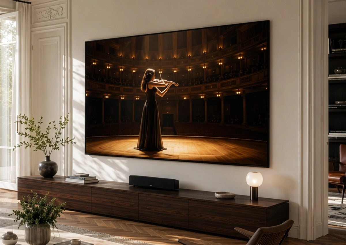An elegant living room featuring a celexon SoundVision fixed-frame projection screen displaying a violinist in an illuminated concert hall. Below it is a long wooden sideboard with a soundbar and decorative home accessories.