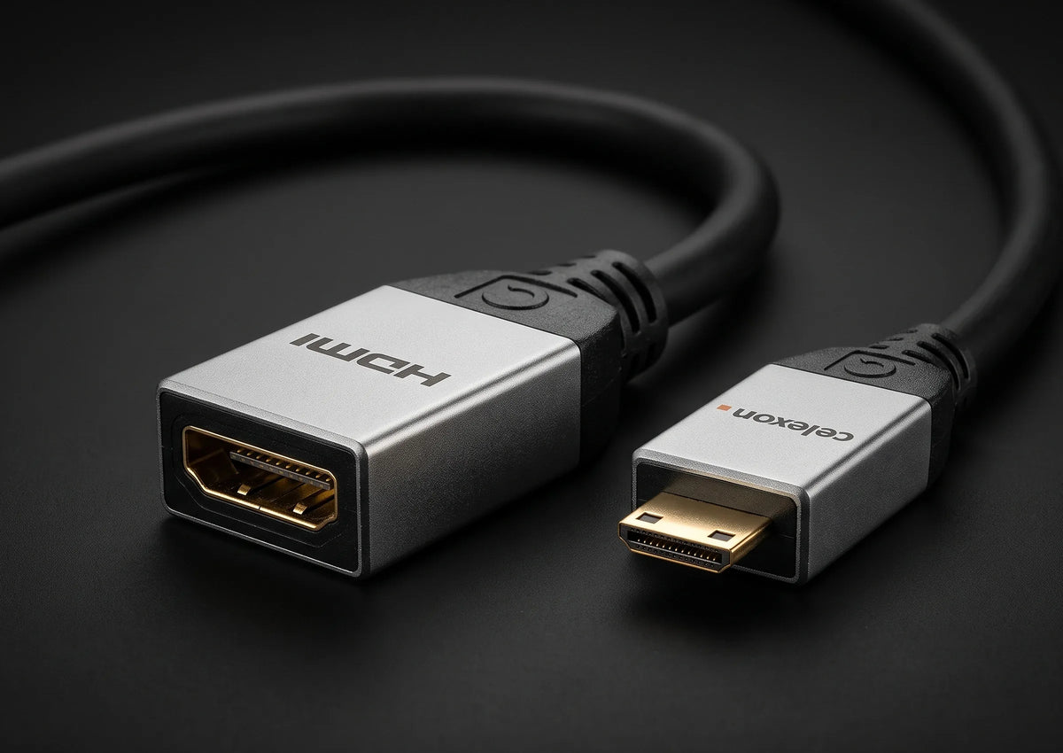 celexon Mini HDMI to HDMI M/F Adapter with Ethernet - 2.0a/b 4K 0.25m - Professional Line in front of a dark background