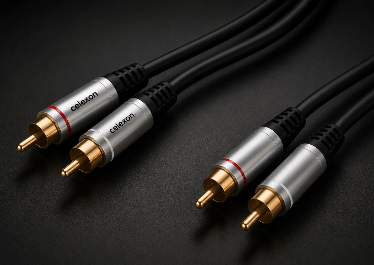 celexon 2x RCA stereo audio cable - Professional Line in front of a dark background