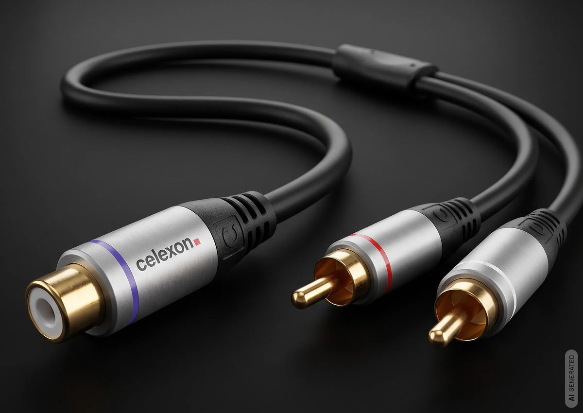 celexon 2x cinch to cinch M/F audio adapter 0.25m - Professional Line in front of a dark background