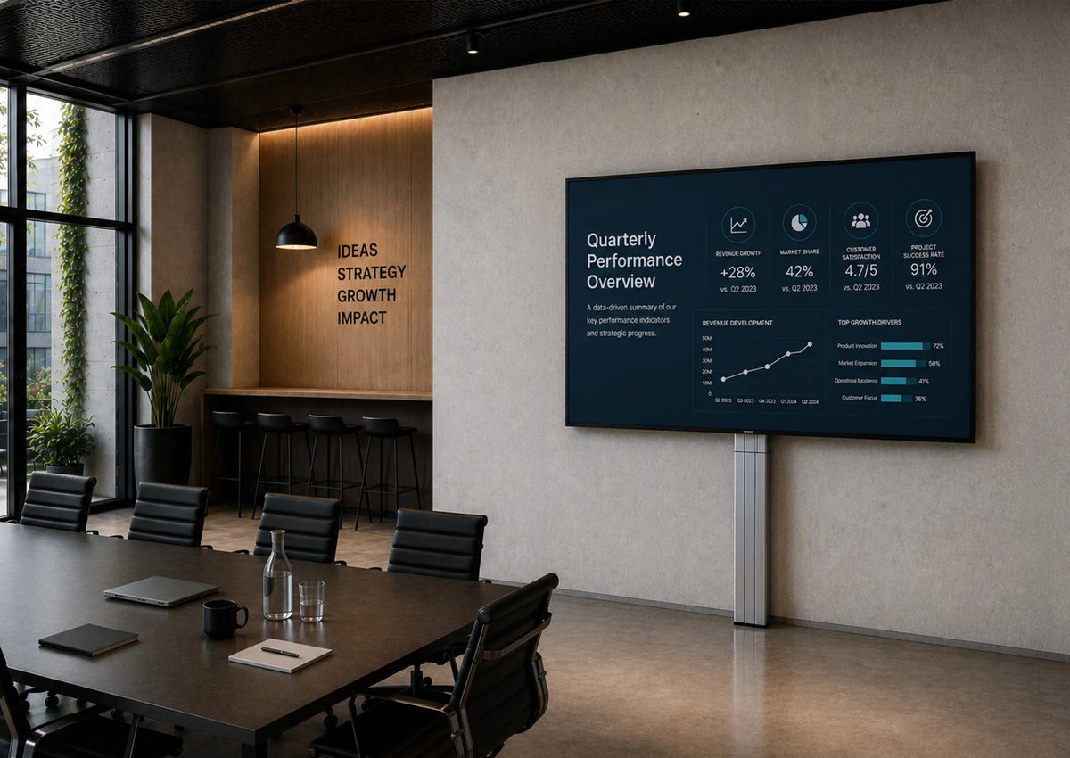 A premium conference room featuring a celexon Adjust-4275WS display stand shown from the front. The large display presents a clean, minimalist business presentation. Dark materials, exposed concrete, natural wood accents, and warm indirect lighting create an elegant, high-end atmosphere with a clear focus on the product.