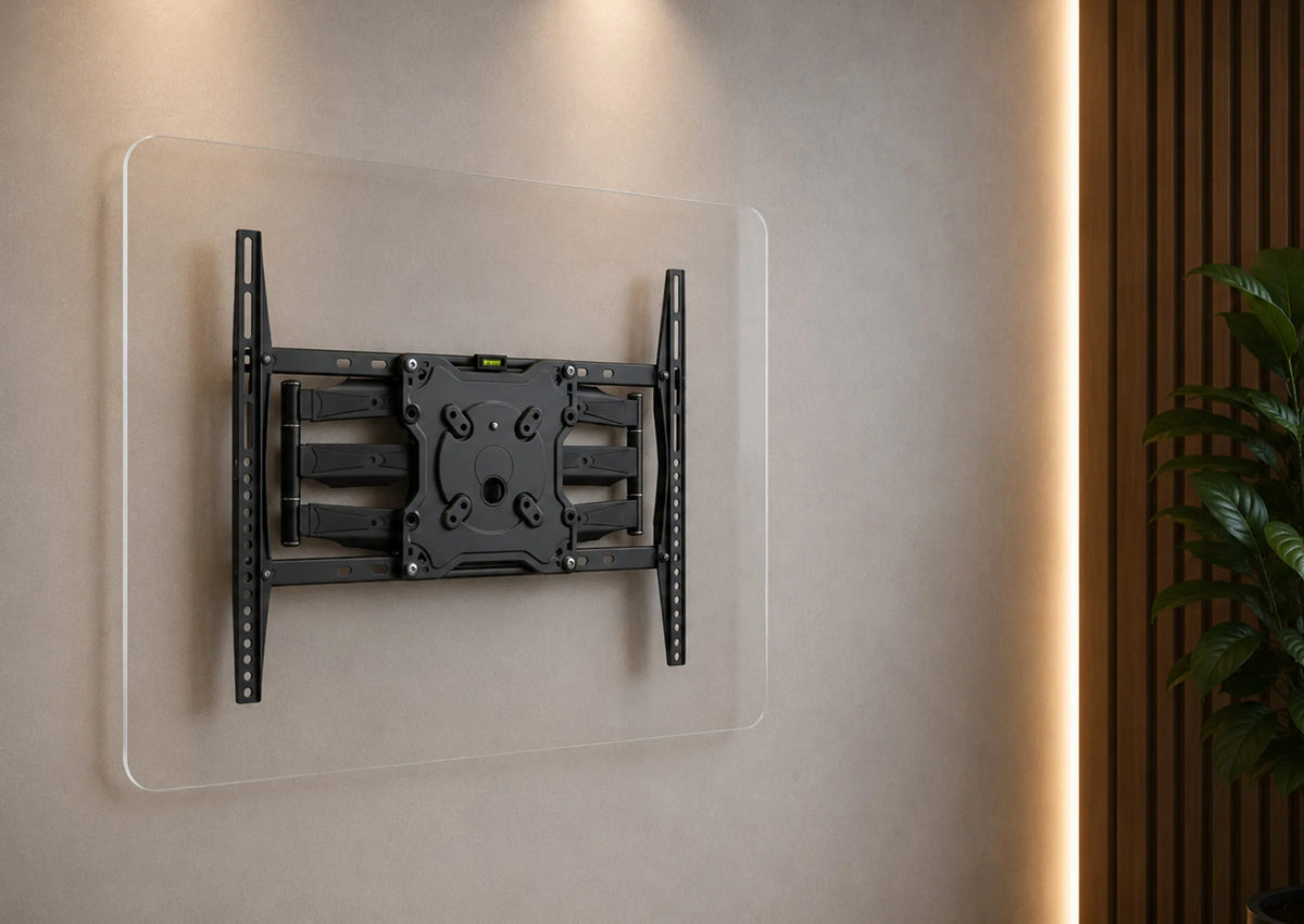 A minimalist product presentation of a TV wall mount with a transparent acrylic panel featuring rounded corners resting on the mount. Slightly angled front view with the central VESA mounting interface and the entire wall mount fully visible. A bright, modern wall, vertical wooden slats, a subtle indoor plant, and warm indirect lighting create a premium living atmosphere with a clear focus on the product.