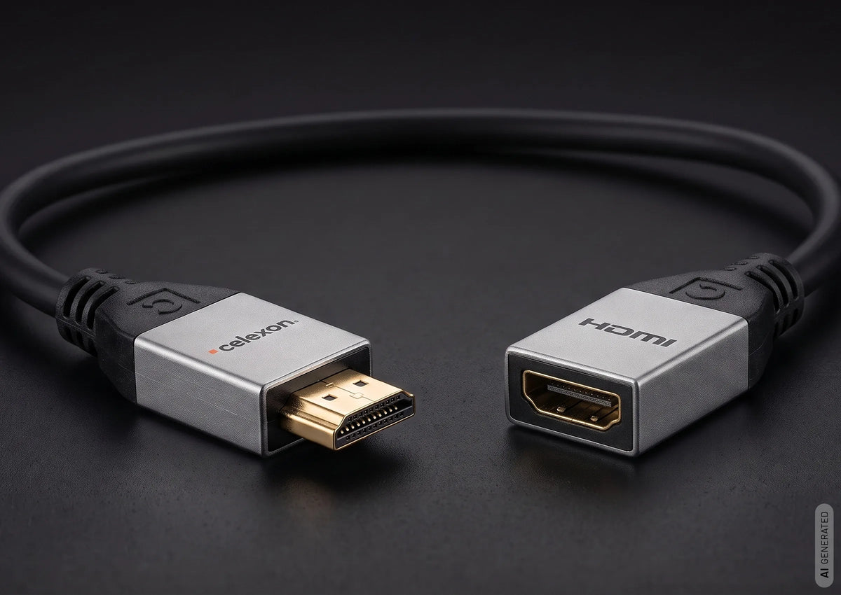 celexon HDMI M/F Adapter with Ethernet - 2.0a/b 4K 0.25m - Professional Line in front of a dark background