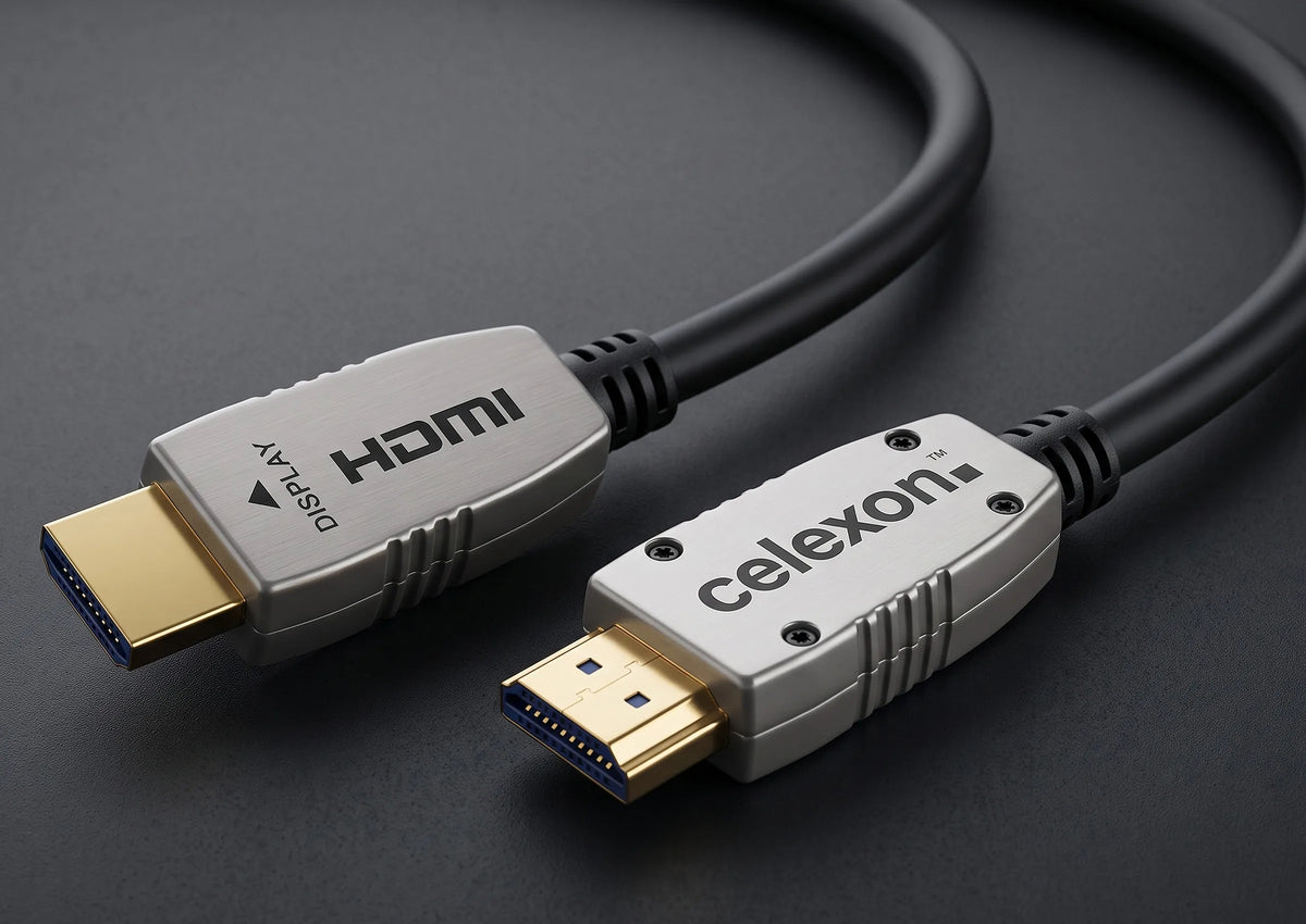 celexon UHD Optical Fibre HDMI 2.0b Active Cable in front of a dark background