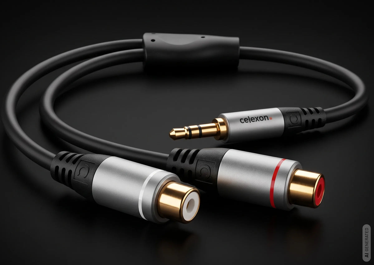 celexon 3.5mm stereo jack to 2x cinch M/F audio adapter 0.25m - Professional Line in front of a dark background