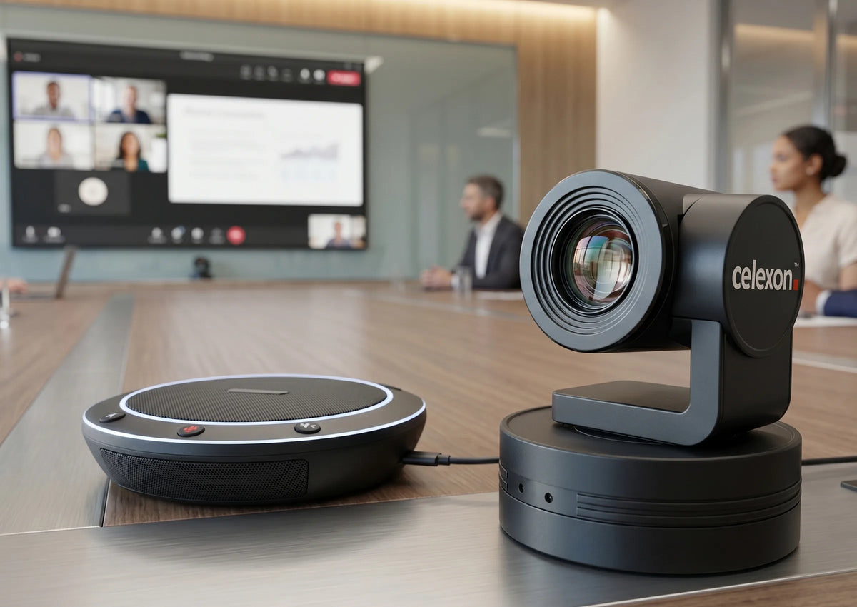 A modern conference room featuring a celexon VKS2040 video conferencing system on a meeting table; in the foreground are a pan-tilt conference camera and a speaker, while a screen in the background displays an ongoing video conference.