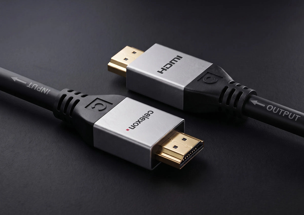 celexon active HDMI cable with Ethernet - 2.0a/b 4K - Professional Line in front of a dark background