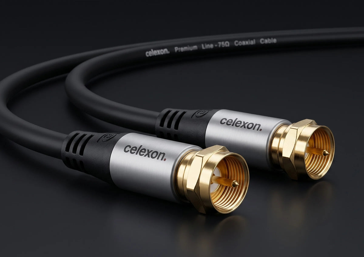 celexon F-plug satellite antenna cable - Professional Line in front of a dark background