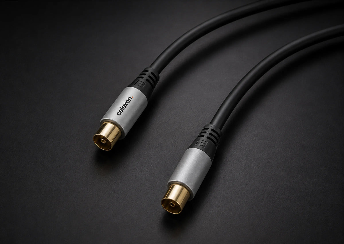 celexon IEC TV antenna cable - Professional Line in front of a dark background