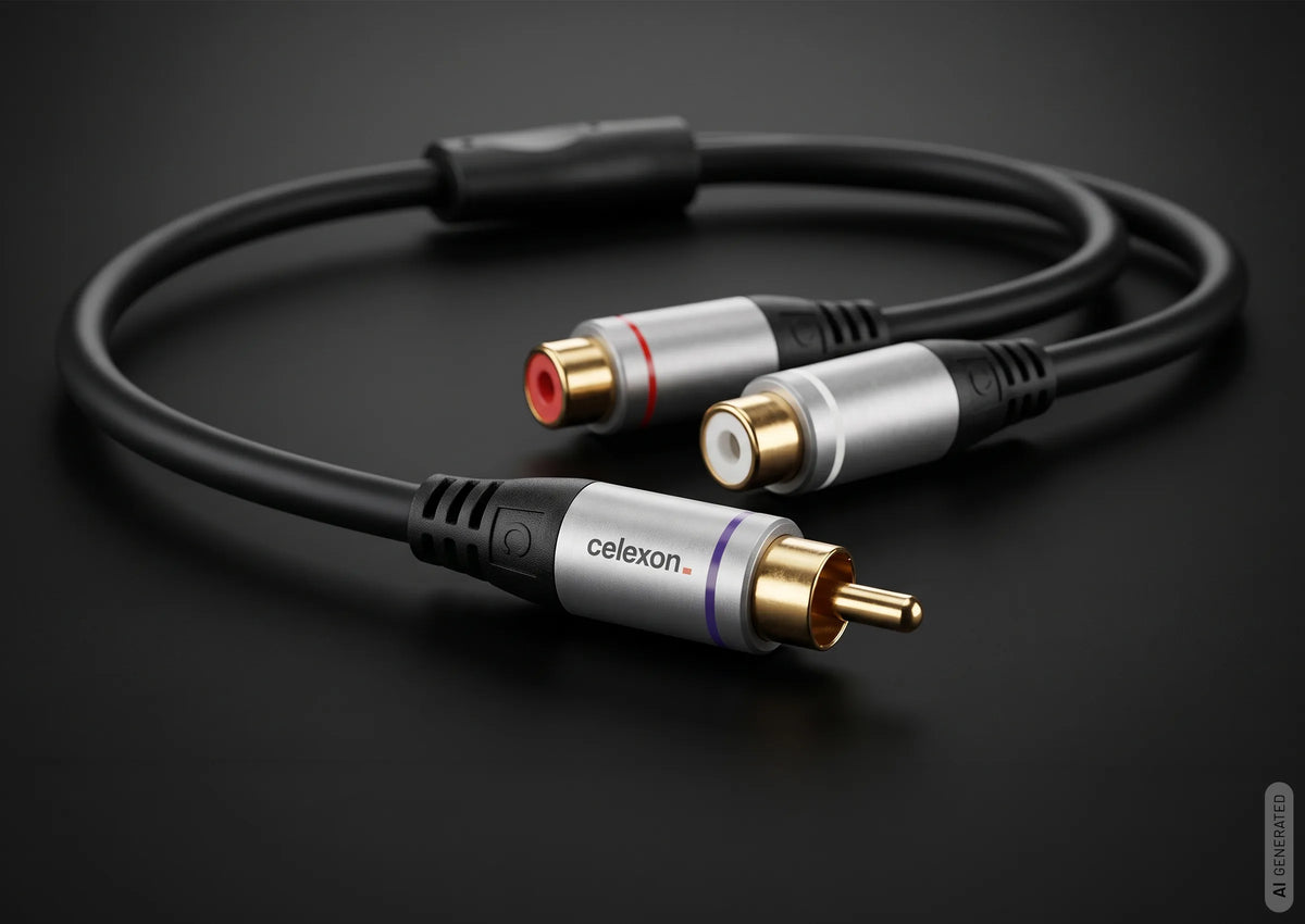 celexon cinch to 2x cinch M/F audio adapter 0.25m - Professional Line in front of a dark background