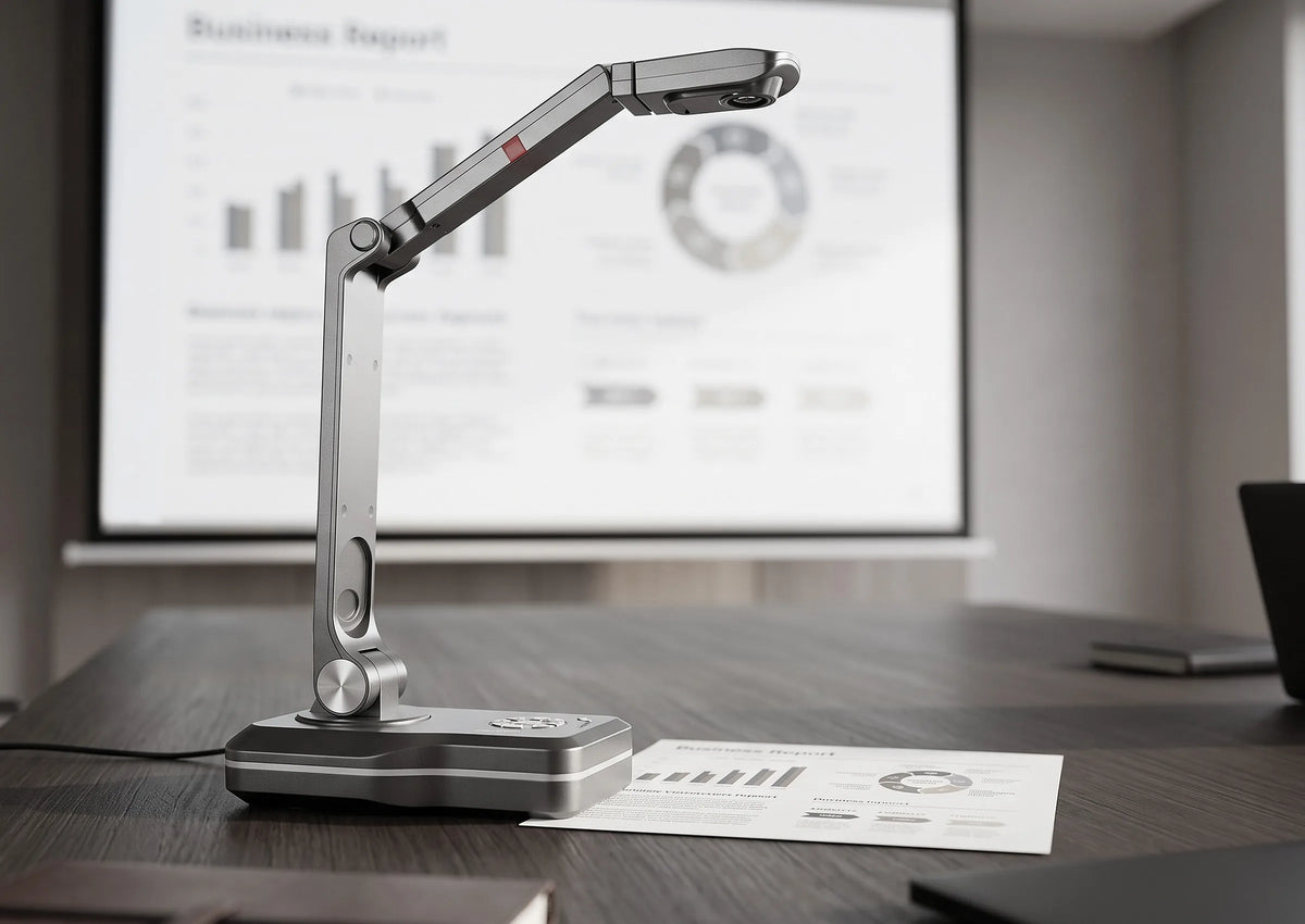 A modern meeting room with a celexon DK500 document camera on a conference table; next to it is a business report whose contents are displayed on a large projection screen in the background.