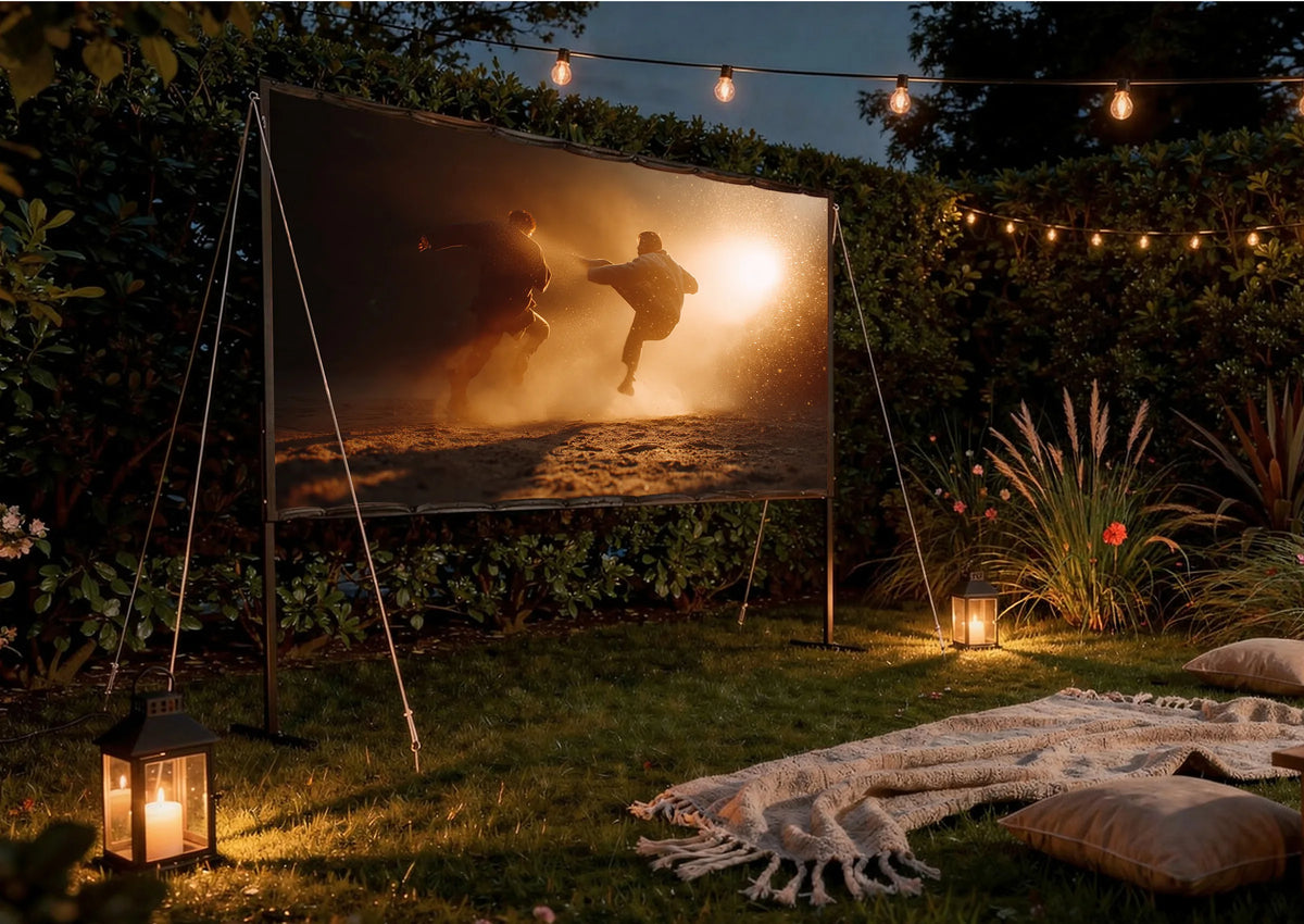 Atmospheric outdoor cinema in a garden at night: a celexon Basic Line folding frame screen is set up between plants and hedges, displaying a dynamic film scene with two people in action-packed motion against dusty, golden backlight. Warm string lights and lanterns illuminate the surroundings, while blankets, cushions, and rugs are laid out on the lawn.