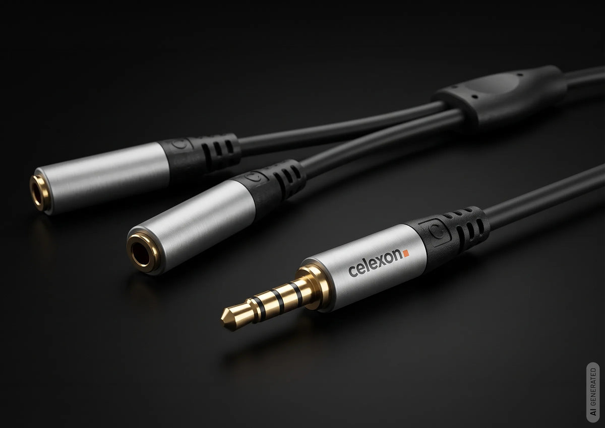 celexon 3.5mm stereo jack to 2x 3.5mm stereo jack M/F audio adapter 0.25m - Professional Line in front of a dark background