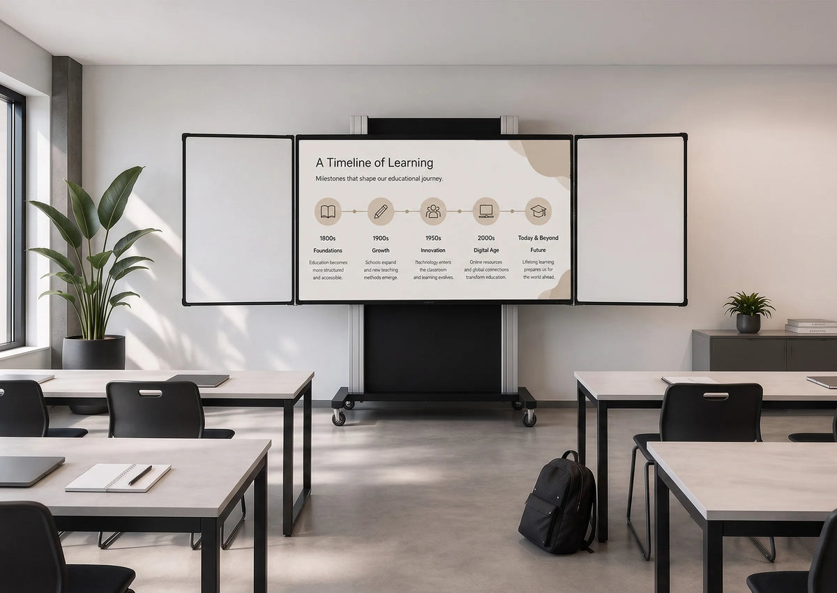 A modern classroom featuring a mobile pylon system that combines a central display with two fold-out whiteboard wings. The screen displays a timeline illustrating the evolution of learning, while desks, chairs, and plants complete the bright educational environment.