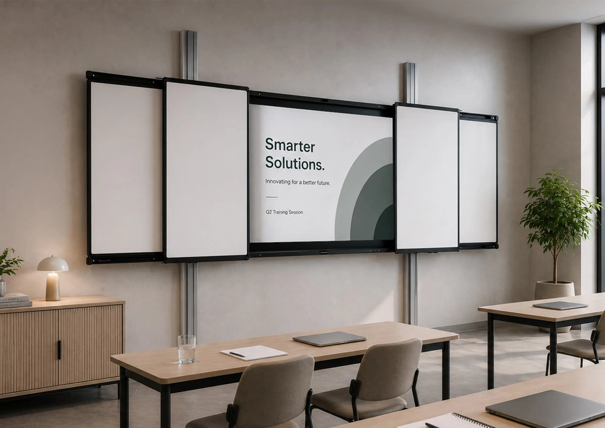A modern classroom featuring a wall-mounted pylon system that combines a central display with four sliding whiteboard wings. The screen shows a minimalist presentation with the heading “Smarter Solutions” and subtle geometric graphic elements. Light wooden desks with gray chairs, a simple sideboard with a table lamp, and a large indoor plant create a calm, contemporary learning environment with a clean, premium aesthetic.