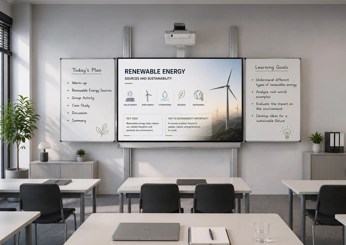 A modern classroom featuring a wall-mounted pylon system that combines a central interactive display with two side whiteboard wings. The display presents a lesson on “Renewable Energy”, featuring renewable energy icons, wind turbines, and clean, easy-to-read infographics. The whiteboards contain a handwritten lesson agenda and learning objectives. Light-colored student desks with notebooks, laptops, and writing materials, subtle storage cabinets, indoor plants, and an ultra-short-throw projector mounted