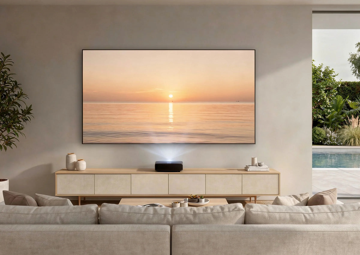 The image shows a modern, calm living room featuring a celexon CLR HomeCinema UST High Contrast Frame Projector Screen V2.0, displaying a warm sunset over the sea on a simple wall.