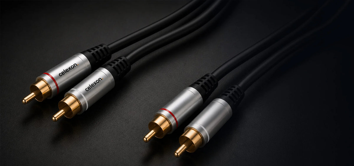 celexon 2x RCA stereo audio cable - Professional Line in front of a dark background