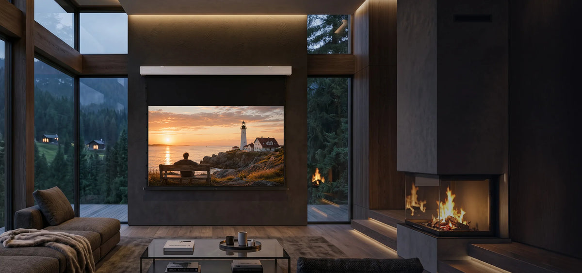 A modern living room with large windows and a celexon 4K Pro MWHT Premium Plus Screen Electric Tension, displaying a coastal landscape with a lighthouse at sunset. Dark seating and a coffee table create a cozy home cinema atmosphere.