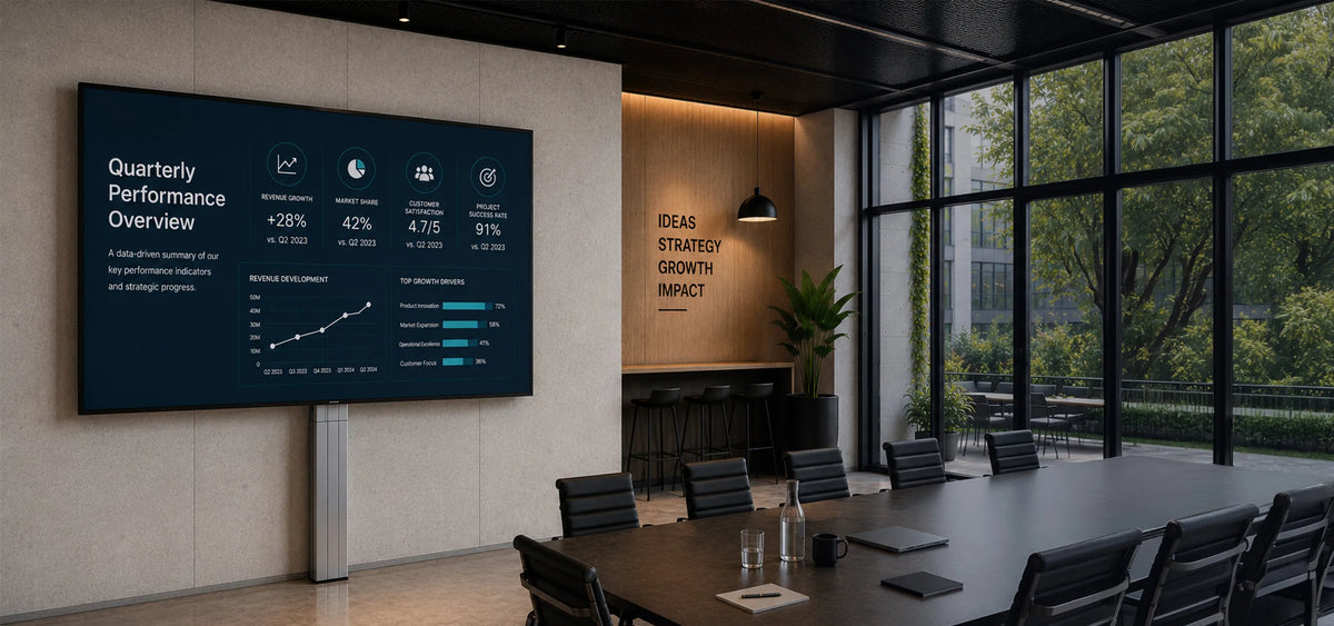 A premium conference room featuring a celexon Adjust-4275WS display stand shown from the front. The large display presents a clean, minimalist business presentation. Dark materials, exposed concrete, natural wood accents, and warm indirect lighting create an elegant, high-end atmosphere with a clear focus on the product.