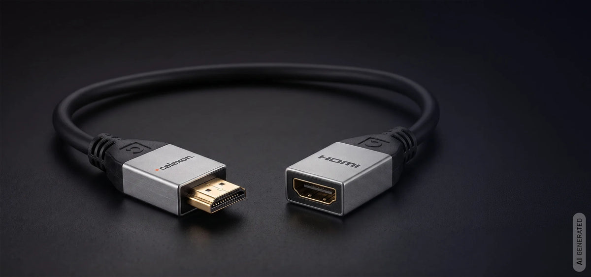 celexon HDMI M/F Adapter with Ethernet - 2.0a/b 4K 0.25m - Professional Line in front of a dark background