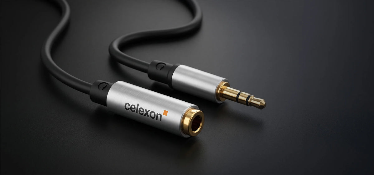 celexon 3.5mm stereo jack to 6.3mm stereo jack M/F audio adapter 0.25m - Professional Line in front of a dark background