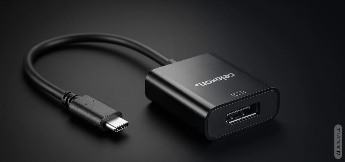 celexon USB-C to DisplayPort M/F adapter in front of a dark background