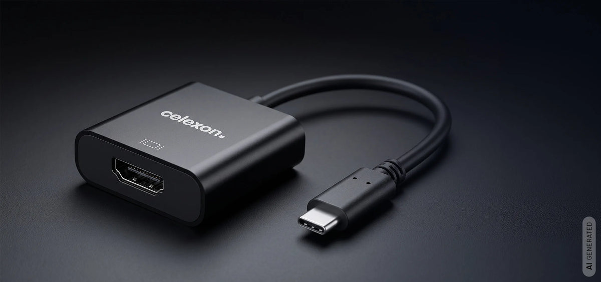 celexon USB-C to HDMI M/F adapter in front of a dark background