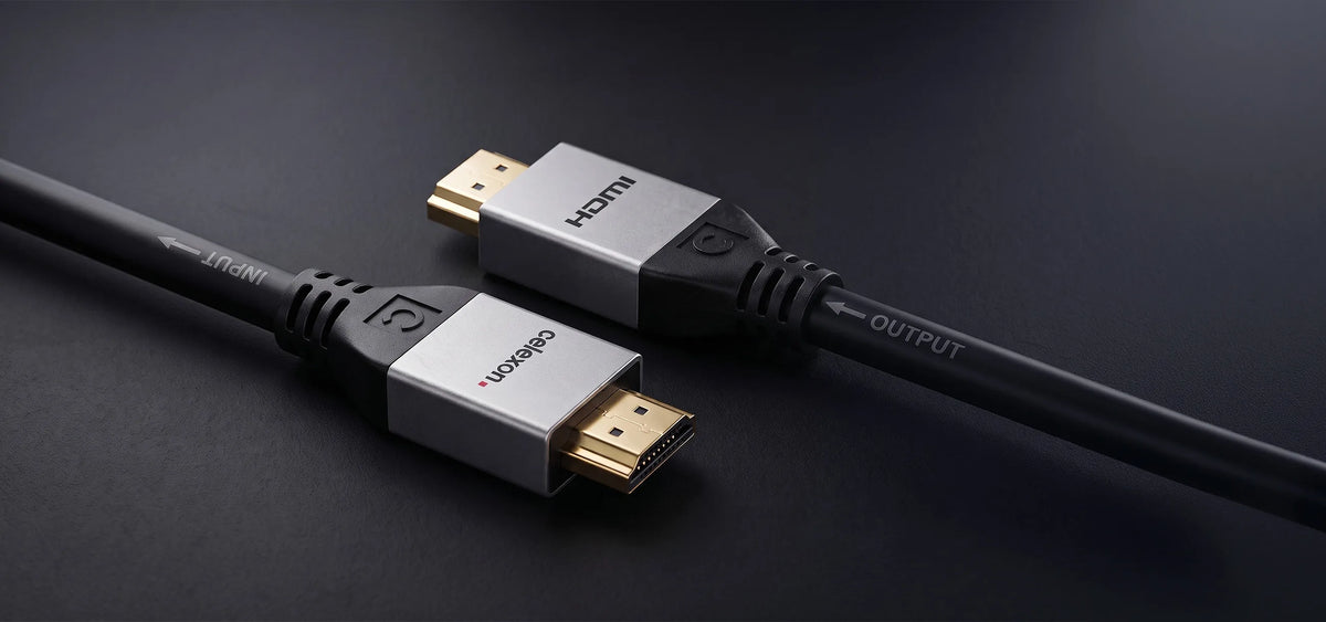 celexon active HDMI cable with Ethernet - 2.0a/b 4K - Professional Line in front of a dark background
