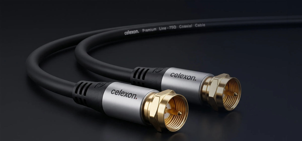 celexon F-plug satellite antenna cable - Professional Line in front of a dark background