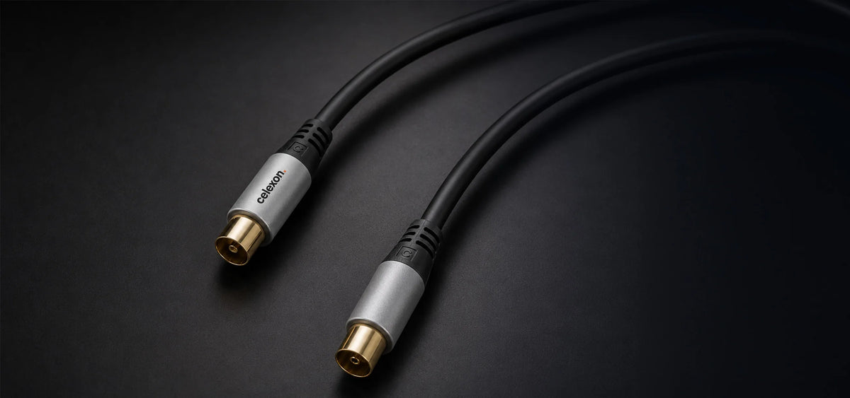 celexon IEC TV antenna cable - Professional Line in front of a dark background
