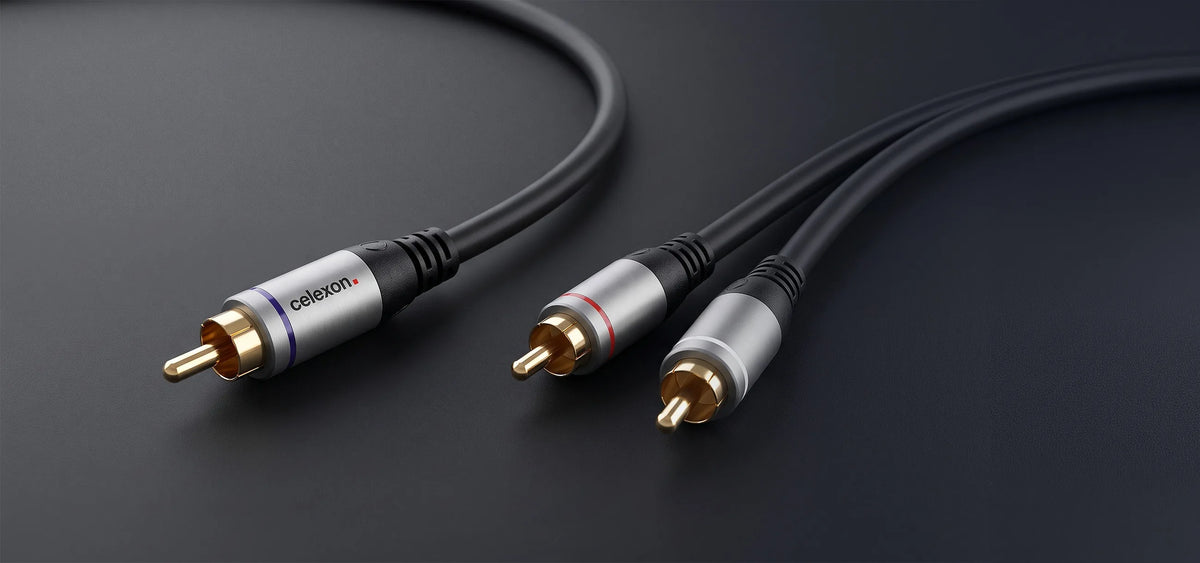 celexon RCA to 2x RCA audio cable - Professional Line in front of a dark background