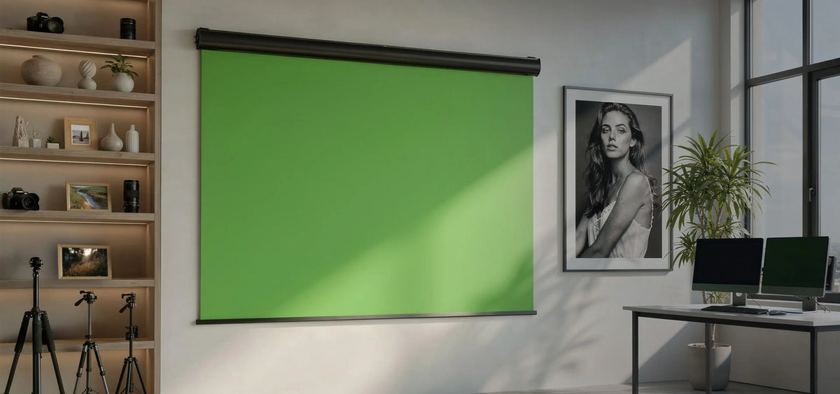 Modern, tidy workspace and studio with a celexon Electric Chroma Key green screen. To the left, there is an open wooden shelving unit with decorative vases, plants, books, and several cameras and tripods. To the right of the green screen hangs a large-format black-and-white portrait of a woman; next to it stands a tall houseplant and a minimalist desk with two monitors.