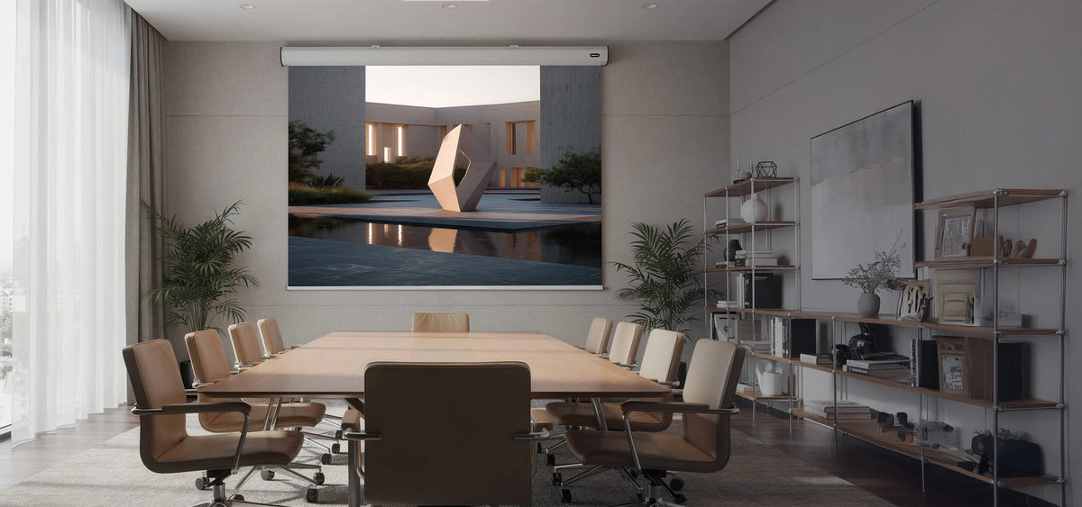 The image shows a stylish, modern conference room with a large meeting table, in which a celexon Electric Expert screen presents a minimalist architectural scene featuring a geometric sculpture, a reflecting pool, and a calm lighting atmosphere.