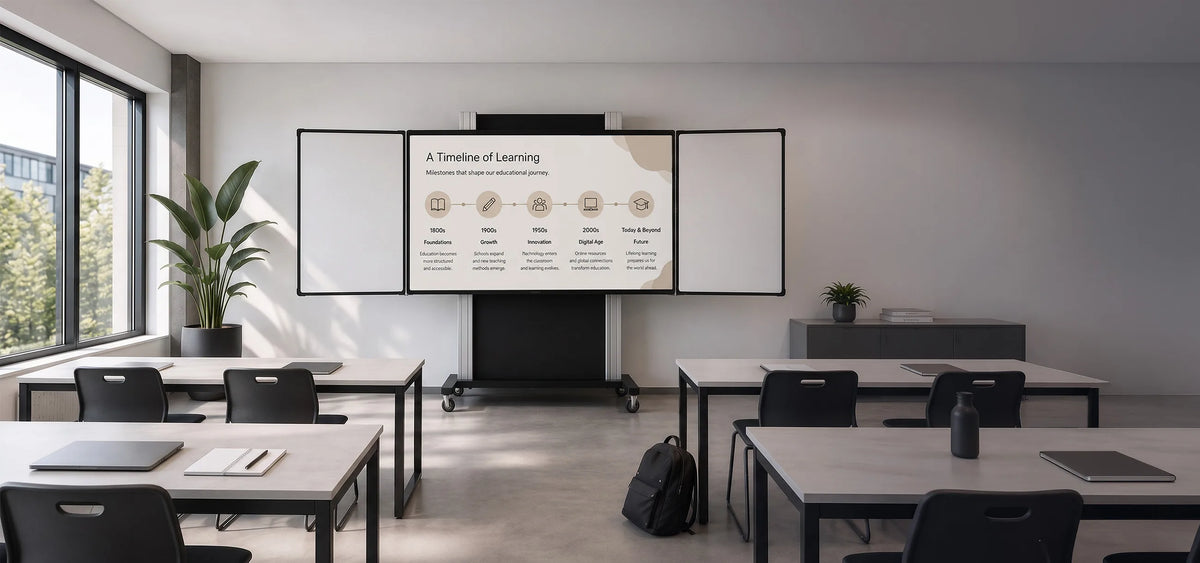 A modern classroom featuring a mobile pylon system that combines a central display with two fold-out whiteboard wings. The screen displays a timeline illustrating the evolution of learning, while desks, chairs, and plants complete the bright educational environment.