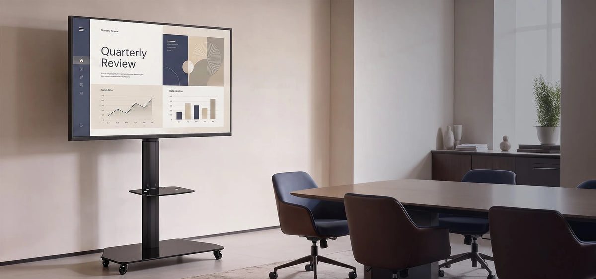 A premium meeting room featuring a celexon Adjust-3770MP display trolley in a slightly angled front view. The large display shows a clean, minimalist business presentation. Light-colored materials, subtle tones, and soft natural daylight create an elegant, high-end atmosphere with a clear focus on the product.