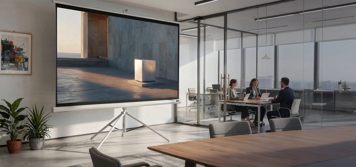 The image shows a modern, light-filled meeting and presentation room in a contemporary office. In the foreground stands a celexon Tripod Economy Projector Screen – White Edition, displaying a minimalist architectural scene with concrete surfaces, clean lines, and a sculptural lighting installation.