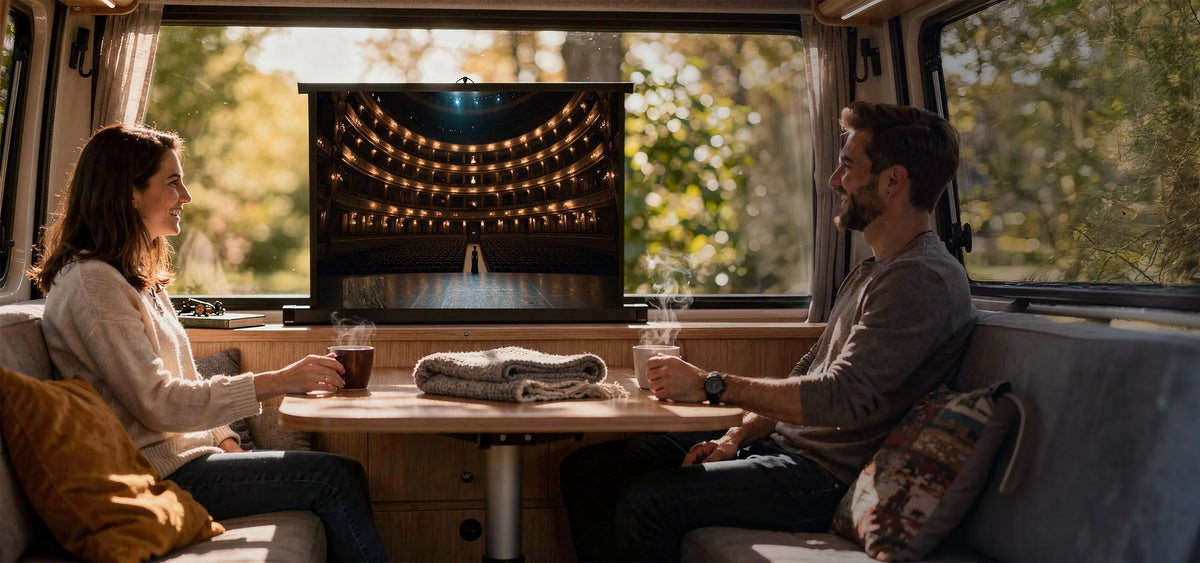 The image shows a cozy, homely scene inside a camper van. Two people are sitting relaxed across from each other at a small wooden table. Centered between them is an extended tabletop projection screen displaying a grand, ornate opera hall.