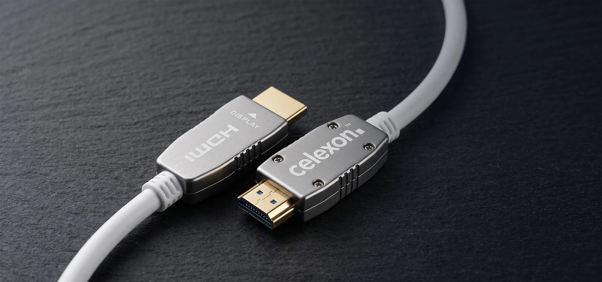 celexon UHD Optical Fibre HDMI 2.0b Active Cable in front of a dark background