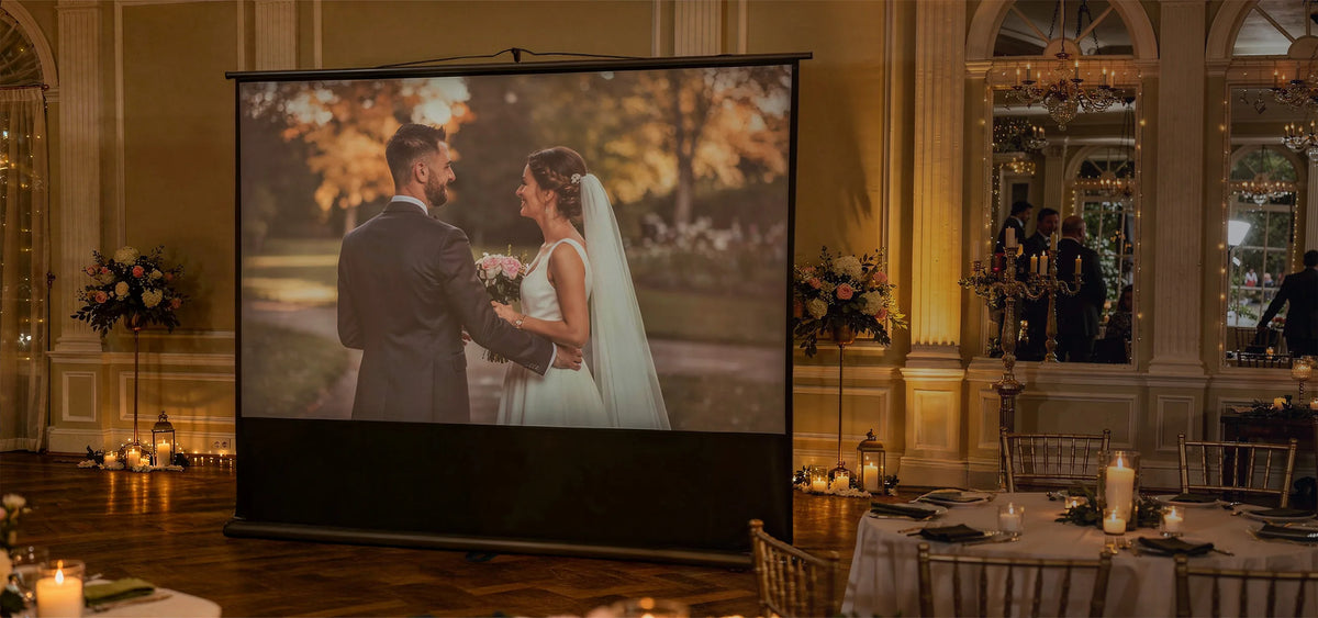 Elegant banquet hall featuring a celexon Ultramobile Professional projector screen, on which a romantic wedding photo of the bridal couple is atmospherically projected.