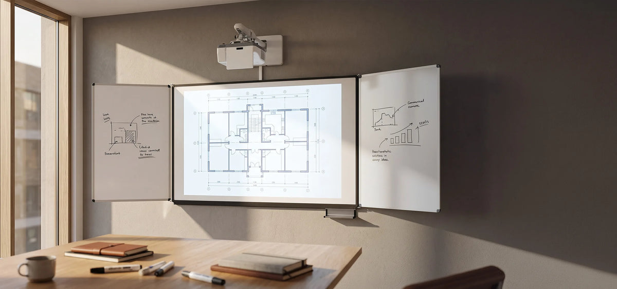 A modern meeting room with an interactive whiteboard system, featuring a building floor plan on the central projection surface. The side whiteboards display handwritten sketches and diagrams, while a projector is mounted on the wall above.