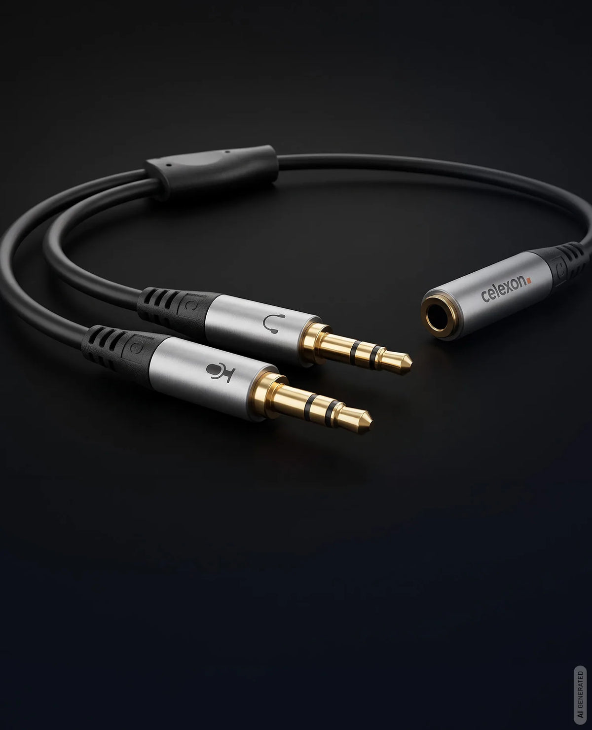 celexon 2x 3.5mm stereo jack to 3.5mm stereo jack M/F audio adapter 0.25m - Professional Line in front of a dark background