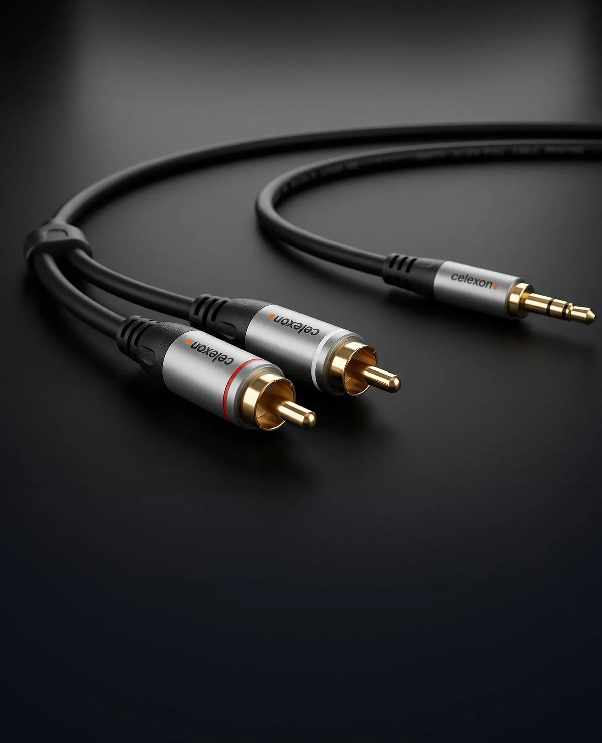 celexon 2x RCA to 3.5mm stereo jack audio cable - Professional Line in front of a dark background