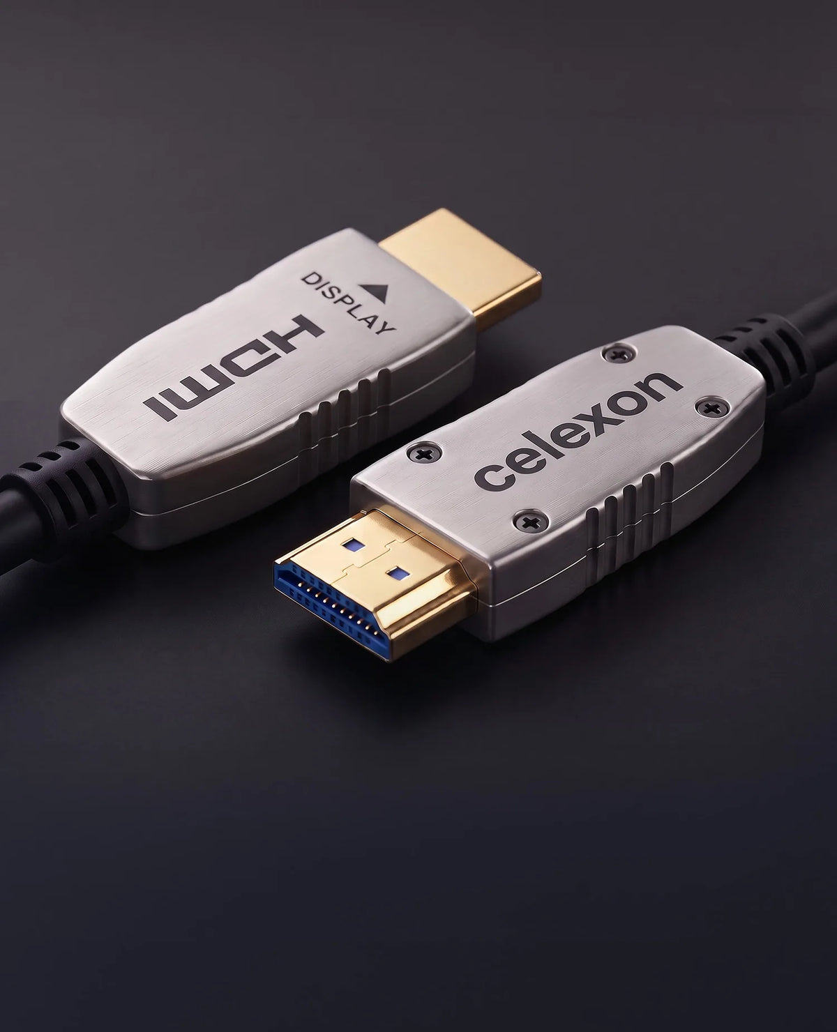 celexon UHD Optical Fibre HDMI 8K 48Gbps Active Cable in front of a dark background