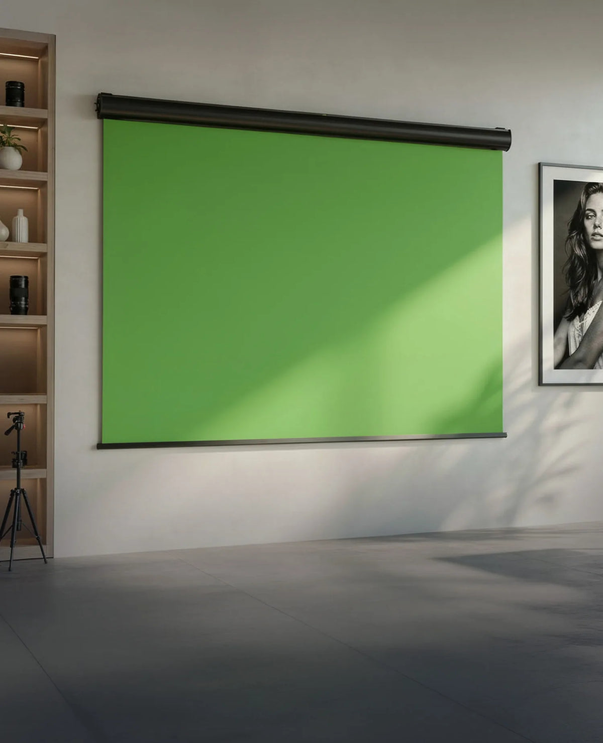 Modern, tidy workspace and studio with a celexon Electric Chroma Key green screen. To the left, there is an open wooden shelving unit with decorative vases, plants, books, and several cameras and tripods. To the right of the green screen hangs a large-format black-and-white portrait of a woman; next to it stands a tall houseplant and a minimalist desk with two monitors.