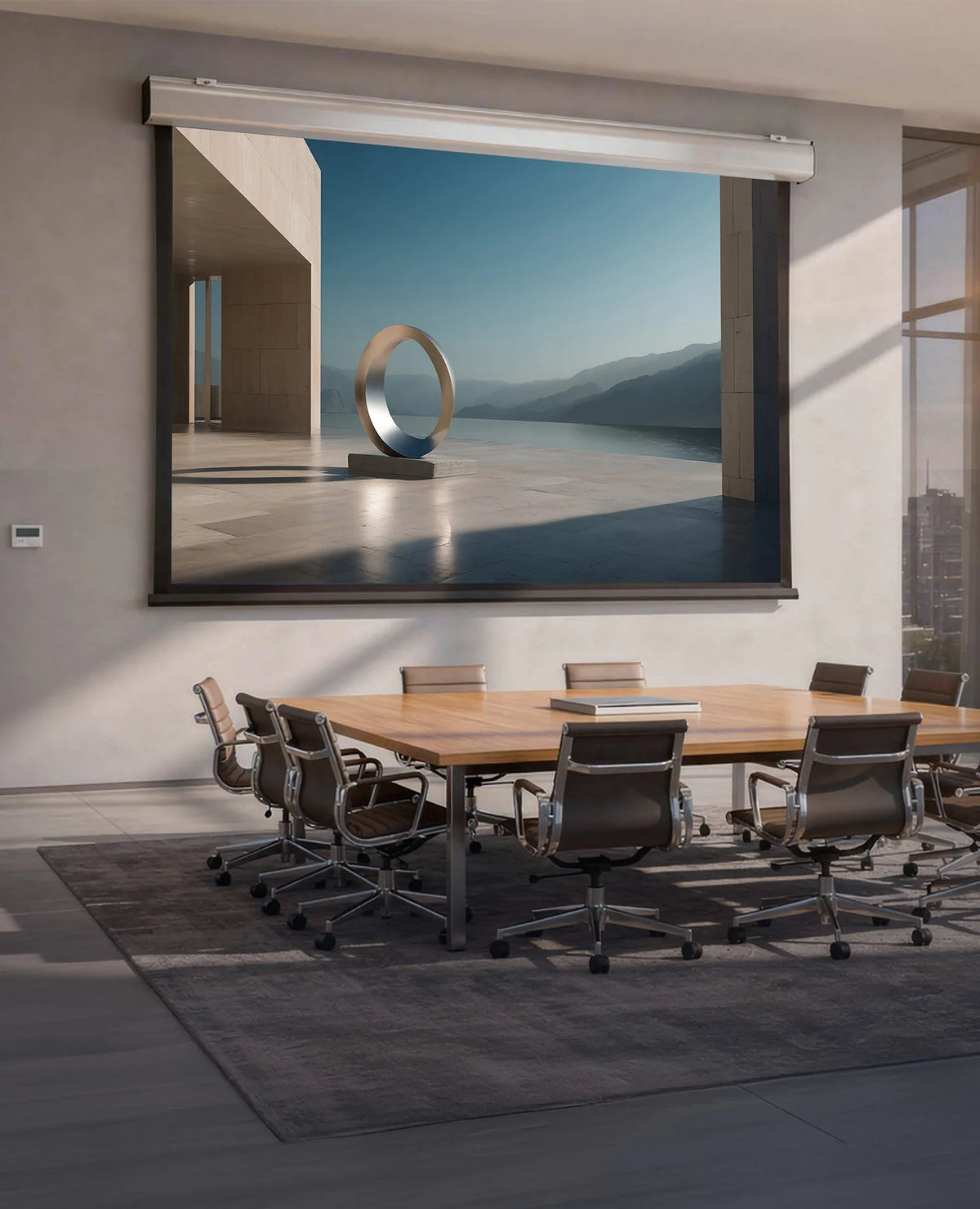 The image shows an elegant, modern conference room with a large meeting table, in which a celexon Projector Screen Electric Expert XL presents a minimalist architectural scene featuring a sculptural ring object, clean concrete surfaces, and a wide landscape view.