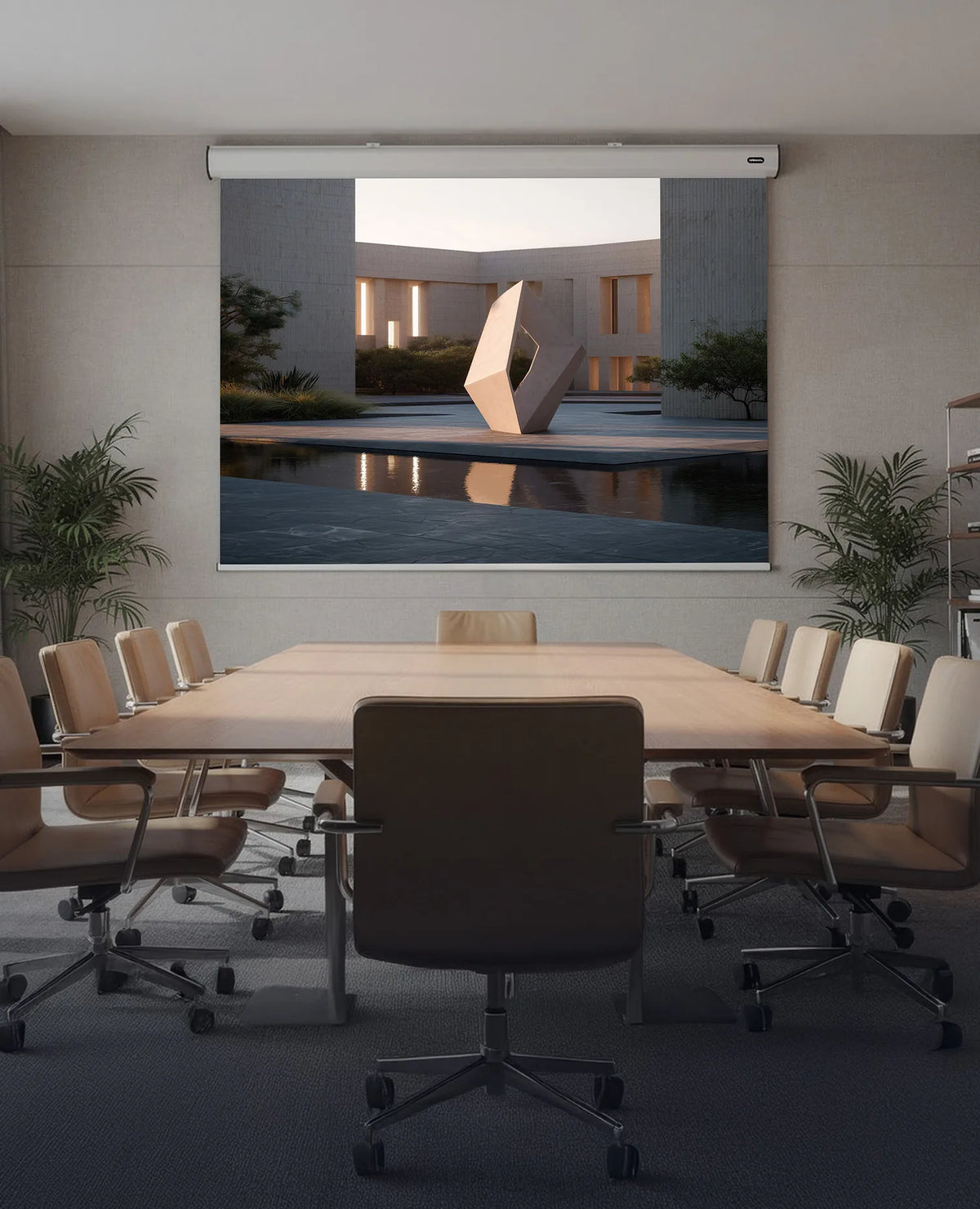 The image shows a stylish, modern conference room with a large meeting table, in which a celexon Electric Expert screen presents a minimalist architectural scene featuring a geometric sculpture, a reflecting pool, and a calm lighting atmosphere.
