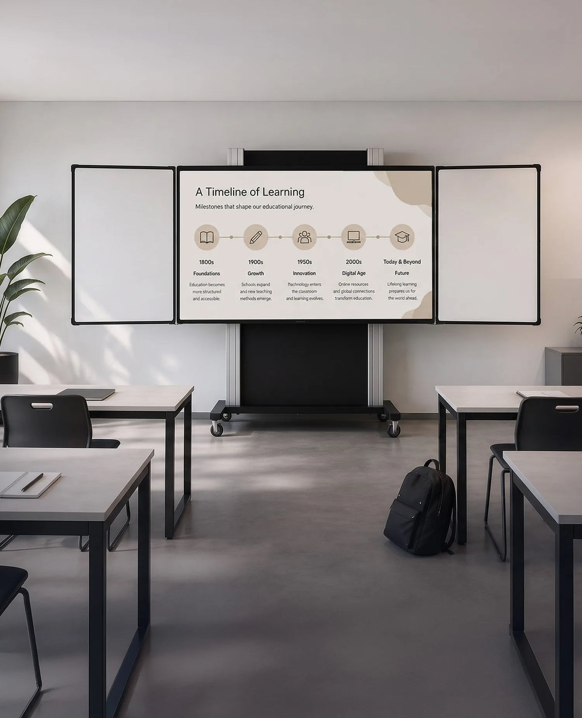 A modern classroom featuring a mobile pylon system that combines a central display with two fold-out whiteboard wings. The screen displays a timeline illustrating the evolution of learning, while desks, chairs, and plants complete the bright educational environment.