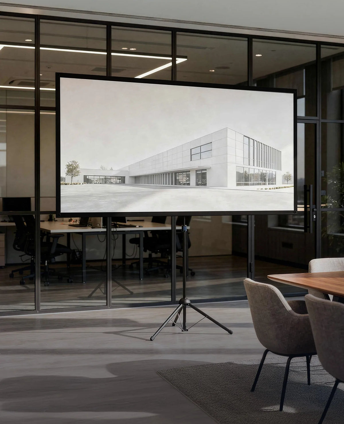 Modern presentation and meeting environment in an office: in a bright, glass-walled conference room stands a celexon Ultra Light-weight tripod screen, displaying a minimalist architectural visualization of a modern building.