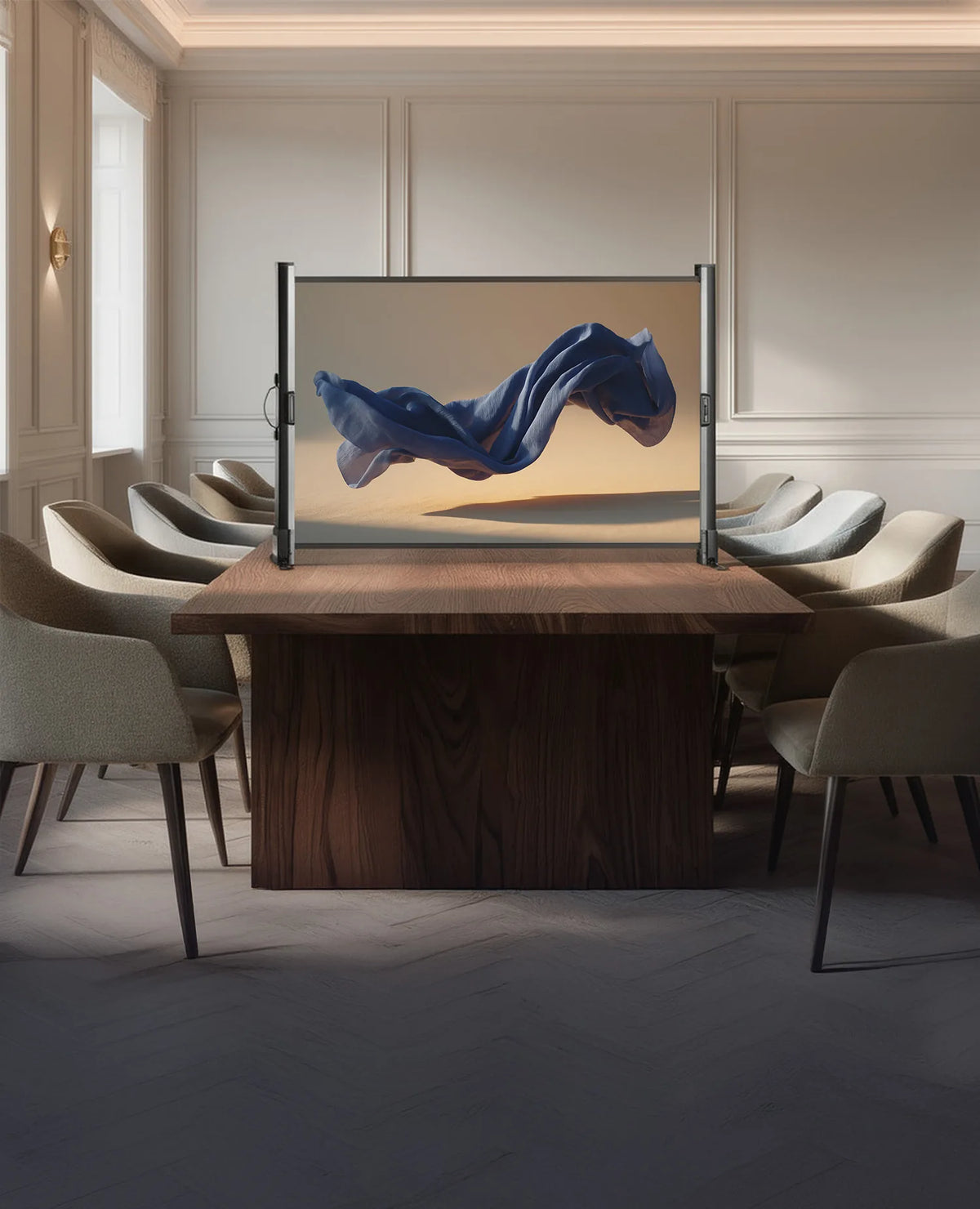 Classically modern meeting room with light-colored walls and fine stucco details. In the center of the room stands a large wooden table, on which a celexon Mobile Professional tabletop screen is placed. The projection shows a floating, softly flowing blue fabric.